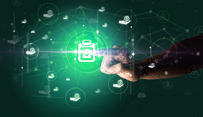 Businessman hand pressing stock graphic information on multitouch screen