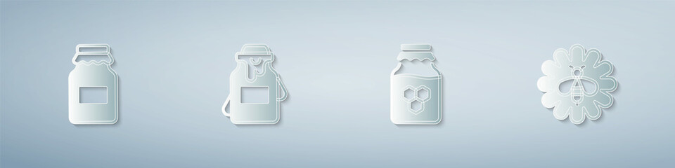 Set Jar of honey, and Bee flower. Paper art style. Vector
