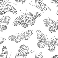 Butterfly seamless pattern. Decorative butterflies with lace wings. Black line flying insects. Nature beautiful vector fabric wallpaper print