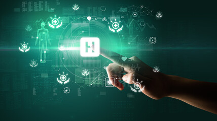 Doctor hand pressing futuristic health device with medical symbol on screen