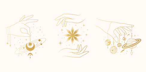 Golden celestial female hands with mystical elements - moon, planets and stars. Three vector boho illustrations for whitchcraft, greeting, jewelry, cosmetics. © Kirill