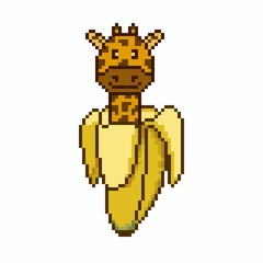 Pixelart cute cartoon character,  giraffe in banana with white background. Asset game. Sticker. Wallpaper. Background.