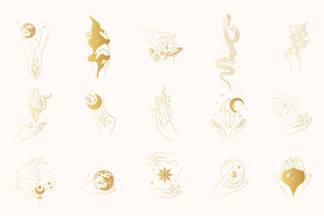 Golden celestial esoteric symbols and space bodies isolated set. 15 boho vector illustration for witchcraft and  mystical design.
