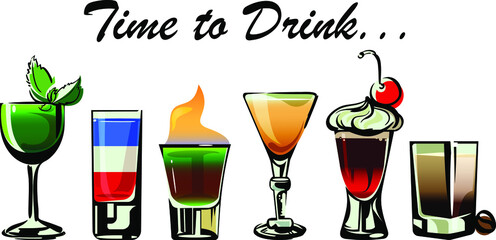Vector set in outline style of popular bar cocktails.Poster with small shots and the inscription time to drink