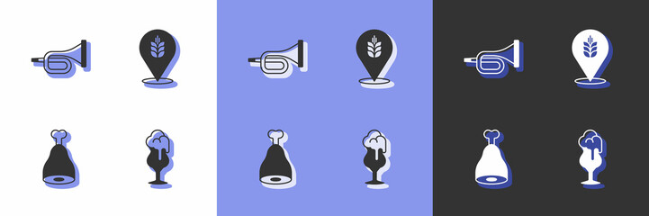 Set Glass of beer, Trumpet, Chicken leg and Wheat icon. Vector