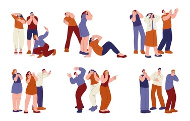 Scared people group. Afraid anxiety person, terrified group man and woman. Fear of danger, youth characters need survive. Shocking reaction kicky vector set