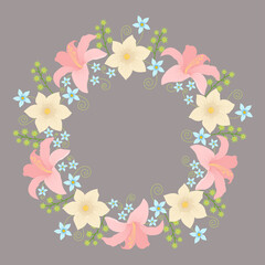 Circle flowers frame. Greeting card, invitation with flowers. Vector illustration