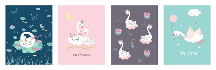 Swan poster design. Cute swans cover template, sweet baby welcome party postcards. Wild bird with balloon, princess birth nowaday vector invitation