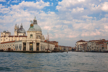 Fototapeta premium The entrance to the Grand Canal, the Punta della Dogana, and the dome of the Salute from the Bacino di San Marco, Venice, Italy