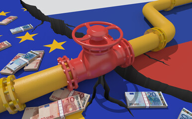 Fuel gas pipeline with valve on background of European Union and Russian flags. EU industrial economic sanctions. Energy embargo. Oil import export from the world fuel trade market restricts.3d render