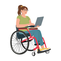 Young woman in wheelchair works on laptop