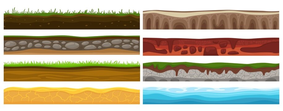 Seamless grounds. Art soil with stone, game cartoon landscape elements. Road platform types, neoteric sand rocks and sea vector texture pattern