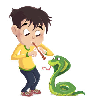Illustration of a boy training a cobra with a flute