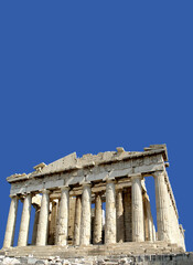 The Parthenon, Athens with blue sky background and space for text. 