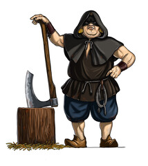 Medieval executioner with an ax. Digital illustration with headsman. - obrazy, fototapety, plakaty