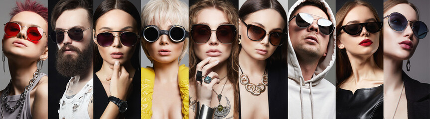 Fashion collage. People in Sunglasses. Summer glasses on boys and girls