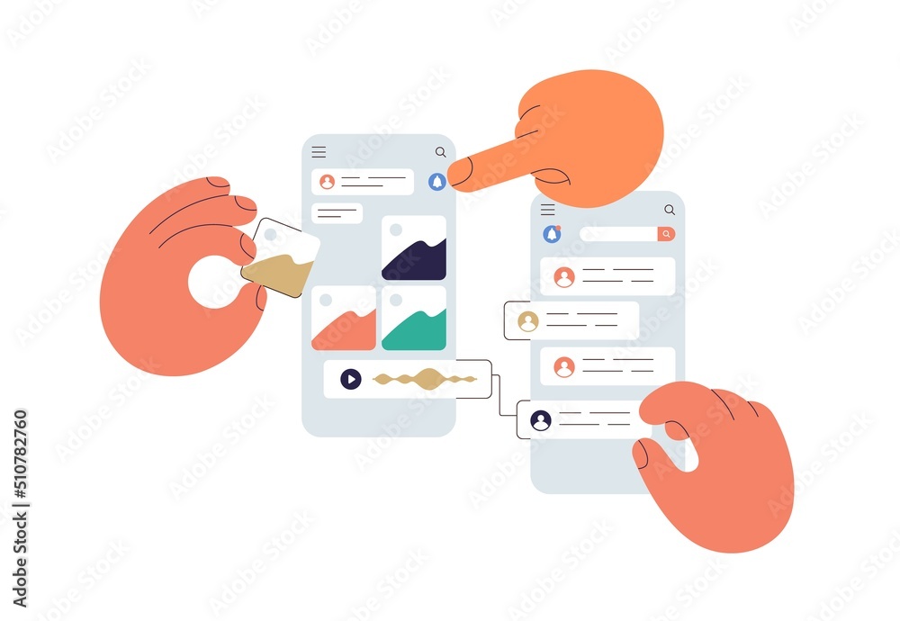 Fototapete UI UX design of mobile app concept. Abstract phone application interface creation process. Making convenient layout of graphic widgets, content. Flat vector illustration isolated on white background
