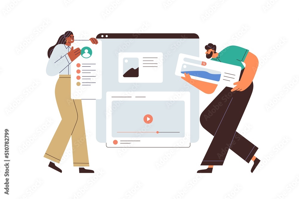 Fototapete UI UX designers designing web-site, page interface, creating content layout with visual elements. Tiny people making website, landing webpage. Flat vector illustration isolated on white background