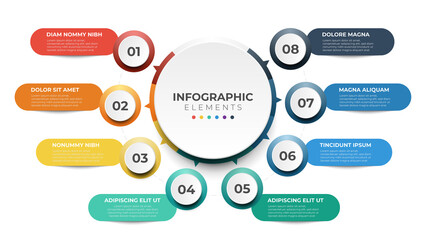 8 list of steps, layout diagram with number of sequence, circular infographic element template