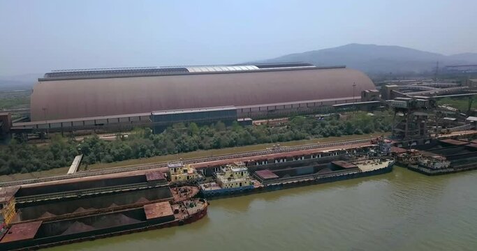 Aerial View Of Steel Plant And Bulk Carriers Anchored At The Seaport In Dolvi, Maharashtra, India.