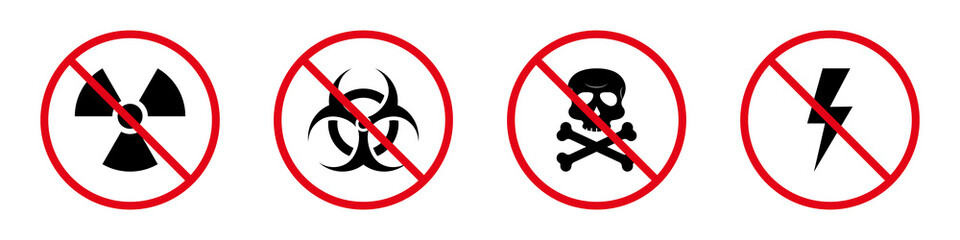 Toxic Bio Hazard Waste Forbid Pictogram Set. Biohazard Red Stop Symbol. Danger Area Black Silhouette Icon. No Allowed Electricity Lightning Sign. Radiation Zone Prohibit. Isolated Vector Illustration