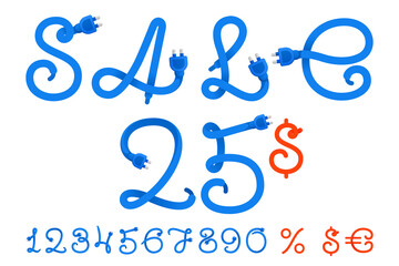 Sale banner with numbers set, percent, and currency sign. Sport template made of plug and wire.