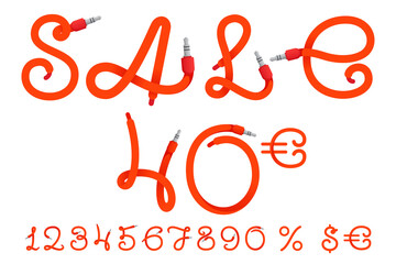 Sale banner with numbers set, percent, and currency sign. Sport template made of jack and wire.