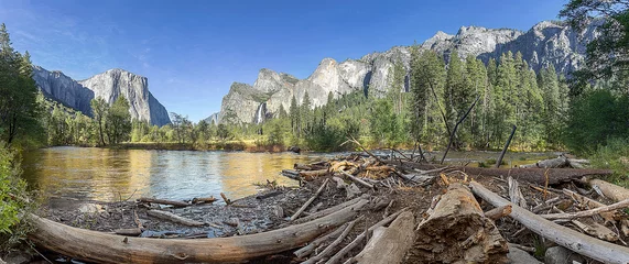 Fotobehang scenic view in Yosemite valley to mountains of el capitan and cathedral rock © travelview