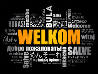 Welkom (Welcome in Afrikaans) word cloud in different languages, conceptual background