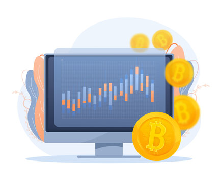 For concept design. Cartoon illustration of bitcoin growth on monitor. Bitcoin exchange. Crypto currency concept