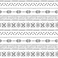 African mud cloth tribal ethnic hand drawn vector seamless pattern. Boho traditional black and white ornament. Folk horizontal stripes background perfect for home fabric textile wall paper design.