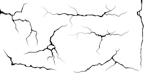 Surface cracks and fissures in ground, concrete, crevices from disaster top view. Breaks on land surface from earthquake isolated on white background. Broken ground, wall, glass pattern effect. Damage