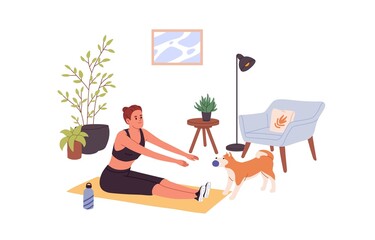Woman during home workout. Healthy girl doing aerobics exercises in room. Person at sports training on mat, stretching practice with cute dog. Flat vector illustration isolated on white background