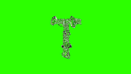 shining transparent diamonds letter T on chroma key screen, isolated - object 3D rendering