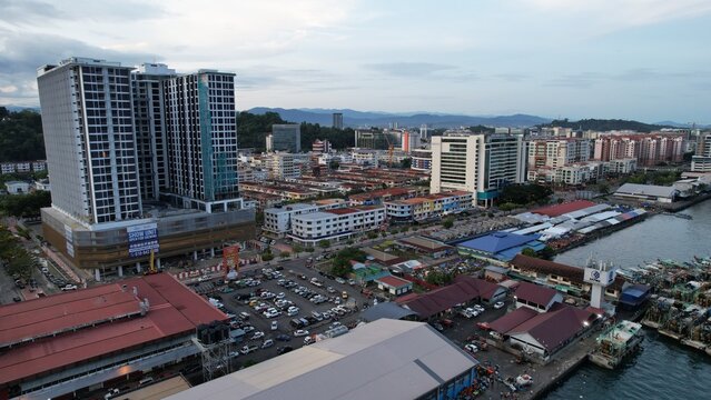 Kota Kinabalu, Sabah Malaysia – June 14, 2022: The Waterfront and Esplanade Area of Kota Kinabalu City Centre