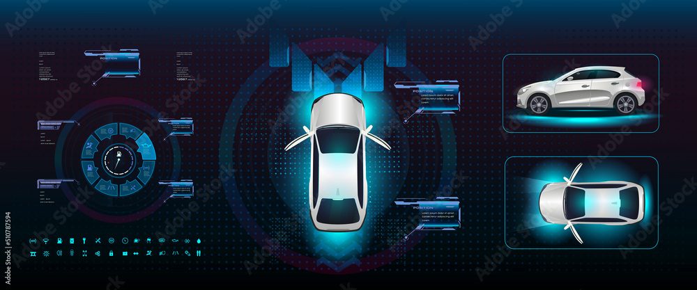 Poster futuristic car interface. car with navigation panel in three projections in the style of hud. smart 