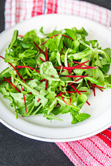 green salad leaves mix beetroot, mung bean leaves, cress lettuce fresh healthy meal food snack diet on the table copy space food background rustic keto or paleo diet veggie vegan or vegetarian food 