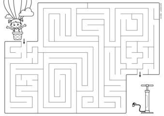 Vector black lines for maze print. A4 format. Educational maze coloring book with a cute cartoon little girl fly with baloon lookink pump. Landscape size.