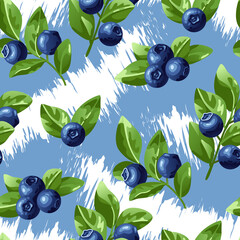 Vector Blueberriess on Blue and Whites Stripes Background Seamless Repeat Pattern. Background for textiles, cards, manufacturing, wallpapers, print, gift wrap and scrapbooking.