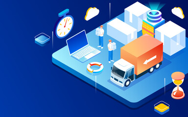People are moving goods, cars are leaving with cargo, transportation, vector isometric illustration