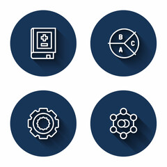 Set line Book with mathematics, Pie chart infographic, Gear and Molecule with long shadow. Blue circle button. Vector