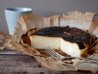 Basque-style Burnt cheesecake with burned crust and creamy yet light center. Uncommon cheesecake
