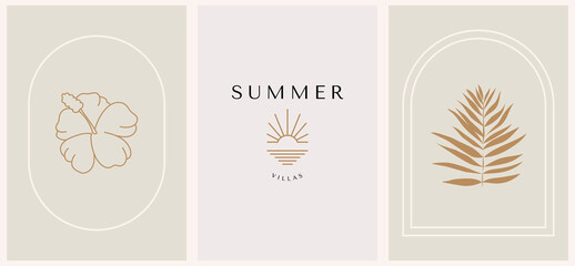 Abstract summer logo template with palm trees, flowers and sunrise. Modern minimal set of linear icons and emblems for social media, accommodation rental and travel services.