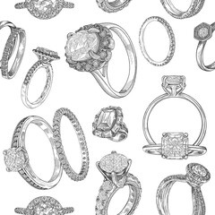 Jewelry seamless pattern, hand drawn ring with precious stones, black elements on white background. Isolated sketch. White background with hand painted diamond rings. - obrazy, fototapety, plakaty