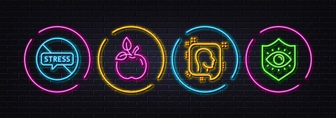 Eco food, Head and Stop stress minimal line icons. Neon laser 3d lights. Eye protection icons. For web, application, printing. Organic tested, Profile messages, Mental anxiety. Optometry. Vector