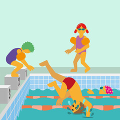 Children playing and jumping into the water in a swimmingpool.