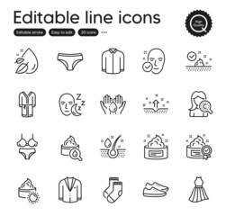 Set of Beauty outline icons. Contains icons as Dress, Moisturizing cream and Clean skin elements. Sun cream, Serum oil, Lingerie web signs. Shoes, Collagen skin, Wash hands elements. Vector