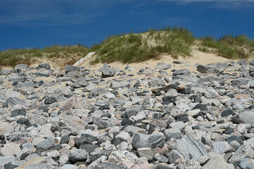 Textured rocks, sand and dunes with grass. Blue sky, sunny day, no people.