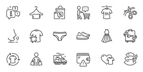 Outline set of Dirty t-shirt, Wallet and Shoes line icons for web application. Talk, information, delivery truck outline icon. Include Pillow, Dress, Clothing icons. Vector