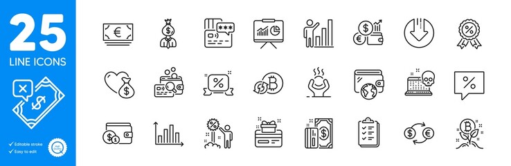Outline icons set. Buying accessory, Graph chart and Donation icons. Difficult stress, Payment, Discounts ribbon web elements. Diagram graph, Manager, Rejected payment signs. Vector